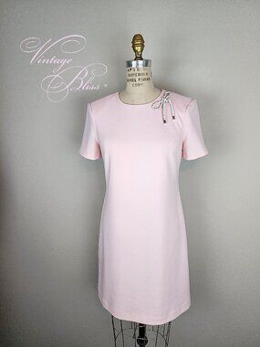 Vintage 1960's Style Pale Pink Short Sleeve Sheath Dress w/Pave Rhinestone Bow